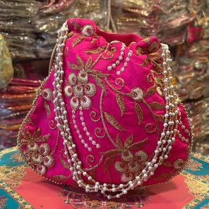 Indian Handcrafted Precision-Made Flexible Adjustable Leaf Pattern Brocade Fabric <b>Pouches</b> Potli Gifts Jewelry Weddings <b>Bags</b> - Product Image 4