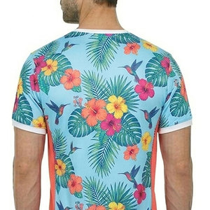 Camiseta de Manga Corta con Estampado Floral Tropical para Uso Diario, Cuello Redondo, Corte Regular, Estilo Casual con Ribete en Contraste - Product Image 5