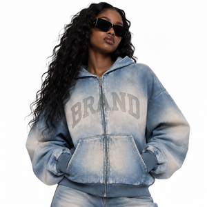 Sudadera con capucha informal para mujer, transpirable, cortavientos, 100% algodón, forro polar, con cremallera, hombros caídos, bolsillo canguro, lavado ácido - Product Image 3