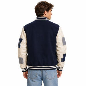 Veste de sport pour homme bleu marine avec patch lettres blanc sur la manche, coupe classique, col rabattu, veste tendance pour homme - Product Image 2