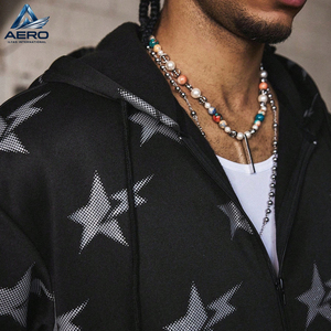 Sweat-shirt à capuche zippé pour homme, personnalisé OEM, imprimé motif étoiles sur toute la surface, fermeture éclair intégrale, en molleton, coupe ample - Product Image 6
