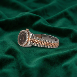 Montre de luxe à deux tons avec lunette sertie de diamants, cadran marron, acier inoxydable, or rose, affichage de la date - Product Image 3