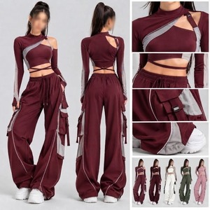Unisex Stage <b>Dance</b> Two Piece Set Asymmetrical Cutout Long Sleeve Stand-Up Collar <b>Crop</b> <b>Top</b> Wide Leg Cargo Pants Polyester Digital - Product Image 5