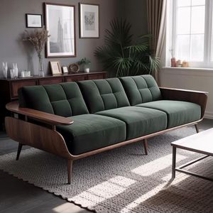 Canapé en velours vert sophistiqué alliant textures de bois naturel et style scandinave moderne minimaliste - Product Image 1