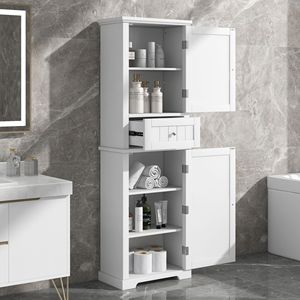 Mobiletto alto da bagno autoportante con ripiano regolabile e cassetto, in MDF con finitura verniciata bianca - Product Image 1