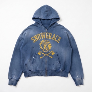 เสื้อสเวตเชิ้ตมีฮู้ดสีน้ำเงิน Snowgrace ผ้าฟลีซซิปหน้า ทรงโอเวอร์ไซส์ ยูนิเซ็กซ์ ผ้าฝ้ายวินเทจ ล้างสีแล้ว พิมพ์ลายแบบซับลิเมชั่น ดีไซน์กระเป๋าเสื้อ สำหรับฤดูหนาว - Product Image 1