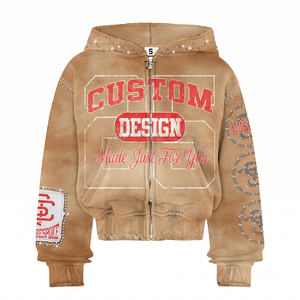 Sudadera con capucha Sunfaded de 450 g/m² para hombre, 100 % algodón, felpa francesa, con estampado gráfico de pedrería bordado, cremallera completa, estilo urbano holgado - Product Image 1