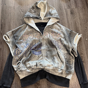 เสื้อฮู้ดดี้ผู้ชายแบบสั่งทำพิเศษ หนัก 380 GSM ซิปเต็มตัว ลายกราฟิก ซิปแบบเปลวไฟ ประดับคริสตัล ทรงโอเวอร์ไซส์ สไตล์สตรีทแวร์ ผ้าสเวตเชิ้ต 100% - Product Image 4
