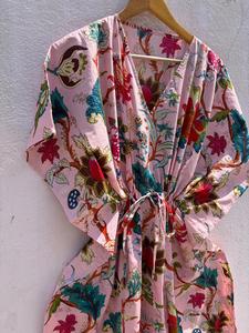 Pink Floral Cotton <b>Kaftan</b> for Women Printed Boho Daily Wear Regular Fit <b>Summer</b> Maxi Dress Batwing Sleeves V-neck Eco-Friendly - Product Image 5