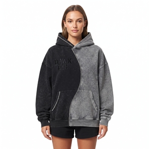 Sudadera con capucha para mujer al por mayor, bicolor, con lavado ácido, pedrería, oversize, de algodón grueso, hombro caído, con logo personalizado - Product Image 4