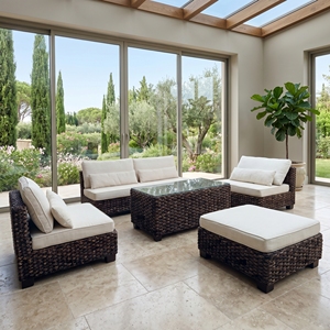 Juego de Sofás Blora de 5 Piezas con Estructura de Madera de Caoba, Mimbre de Jacinto de Agua, Tela Ksvw, Mesa de Vidrio Estándar, Muebles de Patio Premium - Product Image 3