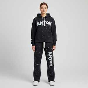 Custom Logo Splatter <b>Paint</b> Hoodie <b>Set</b> Unisex Oversized Streetwear 2 Piece Black Hoodie Sweatpants Acid Wash Tracksuit Wholesale - Product Image 2
