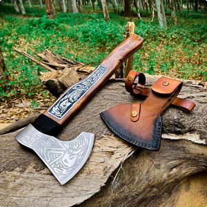 Handcrafted Carbon Steel Camp Hatchet with Engraved Wooden <b>Handle</b> & Genuine Leather Sheath | Outdoor Collection | OEM Manufactur - Product Image 4