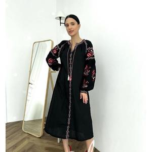 Vestido Premium Bordado de Ucrania para Mujer, Corte en A, Bordado Hecho a Mano, Diseño Vintage, Cintura Natural, 100% Algodón, Largo hasta el Tobillo, Negro - Product Image 5
