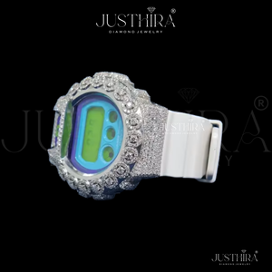 Reloj digital de moda estilo hip hop con bisel plateado, correa blanca, esfera colorida y piedras brillantes. Reloj de pulsera unisex. - Product Image 3