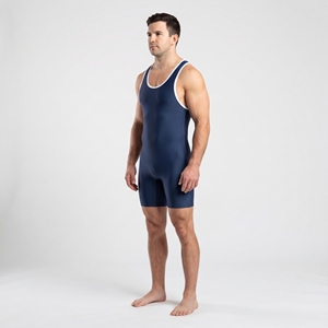 Men's Athletic Wrestling Singlet <b>Navy</b> Blue Color Trim One Piece Spandex Polyester Stretch Sports Training Apparel - Product Image 4