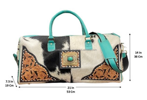 Large Capacity Travel Bag Hand Tooled Leather Turquoise Concho Duffle Bags Genuine Cowhide Leather Travel Vintage Bag for Unisex - Product Image 2