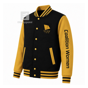 Veste universitaire personnalisée NCBW Coalition noire et or, manches longues, fermeture éclair sur le devant, col à bande, logo brodé, coton - Product Image 2