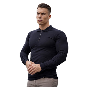 Men's <b>Black</b> Long Sleeve Knitted Polo Shirt Solid Color Zipper Design <b>Smart</b> Casual Regular Fit - Product Image 1