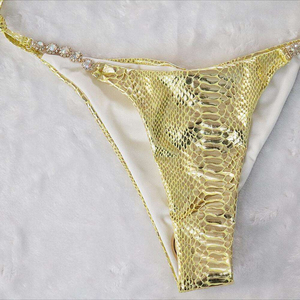 Golden Metallic <b>Bikini</b> Set 2 Piece Halter Top Tie Side Bottom <b>Rhinestone</b> Decoration Stretch Fit Women Swimwear - Product Image 6