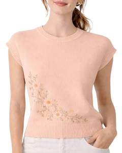 Suéter de Punto sin Mangas Personalizado para Mujer, Color Durazno, Bordado Floral, Cuello Redondo, Suave, Ligero, Informal, Chaleco de Verano, Top Elegante y Moderno - Product Image 1