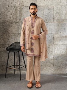 Elegant Black Japanese Lachka Embroidered <b>Kurta</b> Dupatta Set <b>men</b> - Product Image 6