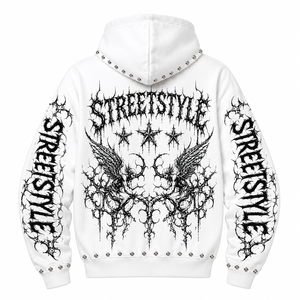 Custom White Studded Hoodie <b>Gothic</b> Angel Wing Thorn Print Blackletter Star Zip Up Oversized Streetwear <b>Jacket</b> Wholesale Supplier - Product Image 2