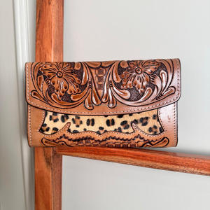 Cartera tallada a mano, funda de teléfono de embrague, elegante cartera con estampado de leopardo, multiusos, carteras de cuero genuino occidental para mujer - Product Image 3