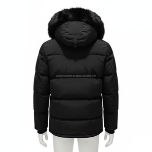Blouson matelassé pour homme noir enduit, respirant, imperméable, rembourré en polyester, avec capuche, col montant, fermeture frontale unie, coupe-vent, hiver, décontracté - Product Image 6