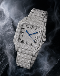 Reloj de Pulsera de Lujo Hip Hop, Totalmente Cubierto de Diamantes Moissanite VVS, Caja Cuadrada con Rosca, Esfera con Números Romanos, Manecillas Azules, Fecha, Plateado - Product Image 4
