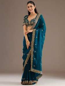 Sari brodé bleu, tenue ethnique traditionnelle pour femmes, bordure florale, dupatta, tenue de fête et de mariage - Product Image 1