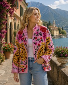 Chaqueta Varsity para Mujer, Diseño Suzani, Bordado a Mano, Reversible, de Terciopelo, con Tigre Dorado y Flores, Color Rosa Bebé - Product Image 1
