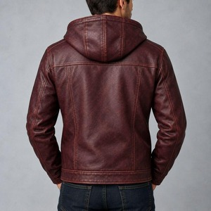 Mens Distressed Burgundy Genuine Leather Hoodie <b>Vintage</b> <b>Biker</b> Style <b>Jacket</b> - Product Image 2