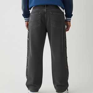 Pantalon en jean 100% coton délavé à l'acide, coupe ample, boutons latéraux, style vintage unisexe, broderie hip-hop, effet soleil délavé, streetwear tendance, jambe large - Product Image 2