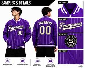 SINEWY SPORTS <b>Purple</b> Pinstripe Front Team Patch <b>Varsity</b> <b>Jacket</b> Men's Custom Name Number Baseball Style Autumn Wear 100% Cotton - Product Image 6