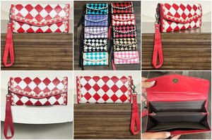 Portefeuille long en cuir travaillé à carreaux rouges et blancs tendance pour femme, porte-cartes et porte-billets en cuir de style western avec dragonne, pochette à main - Product Image 3