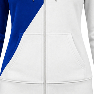 เสื้อฮู้ดซิปยาวสีน้ำเงินรอยัล-ขาว แบบมีแถบผ้าไขว้ 2 แถบ สำหรับผู้หญิง สไตล์สีบล็อก แขนยาว เหมาะสำหรับชมรม วิทยาลัย และกีฬา - Product Image 4