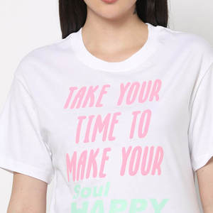 Women's White <b>Crew</b> Neck Short Sleeve T-Shirt With Happy <b>Soul</b> Letter Print Casual Wear 100% Cotton Jersey Fabric - Product Image 2