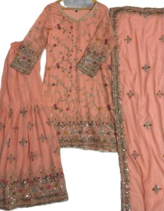 Salwar Kameez brodé pêche pour femme, robe traditionnelle de mariage et de fête, style indien pakistanais, ensemble Sharara Gharara, coupe classique - Product Image 5