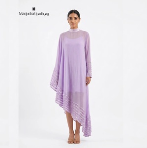 Vestido Kaftán Asimétrico Elegante Color Lavanda para Mujer, Cuello Alto, Superposición de Organza Transparente, Vestido Midi de Diseñador para Fiesta - Product Image 1