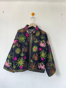 Chaqueta Bordada Floral Hecha a Mano para Mujer, Chaqueta Corta de Terciopelo Azul Marino Oscuro, Estilo Boho, Kimono de Noche - Product Image 5