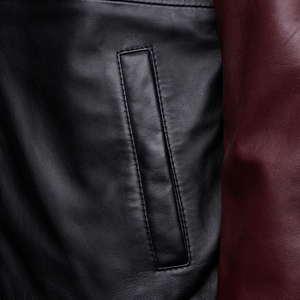 Men's Black And <b>Burgundy</b> Color Block PU <b>Leather</b> Bomber <b>Jacket</b> With Stand Collar And Zipper Closure - Product Image 6
