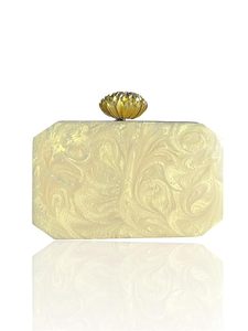 Pochette en résine élégante dorée avec embellissements floraux en pierres de cristal et bouton en lotus, sac de soirée pour femme - Product Image 5