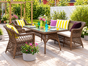 Conjunto de Sofá de Mimbre Sintético para Exteriores con Mesa de Comedor con Cubierta de Vidrio, Sillas Acolchadas y Sofá de Dos Plazas para Jardín, Patio y Terraza - Product Image 1
