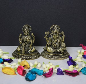 Brass Laxmi Ganesh Pair <b>Gold</b>-Plated Handcrafted Miniature Figures Tabletop Religious Home Office Decor Auspicious Gifting - Product Image 3