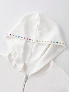 Sweat-shirts à capuche zippés pour hommes en molleton 100% coton, imprimés de strass multicolores personnalisés, style streetwear oversize, avec logo frontal OEM - Product Image 5