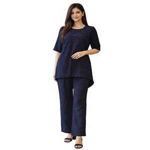 Conjunto coordinado premium para mujer en azul marino, elegante para oficina, top y pantalón, atuendo casual inteligente para el trabajo, venta al por mayor. - Product Image 4