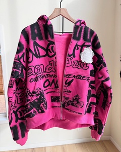 Sudadera con capucha unisex de invierno de moda, personalizada, estilo urbano gótico, con estampado de letras, bordado, efecto desgastado, corte oversize, de felpa y con cremallera - Product Image 1