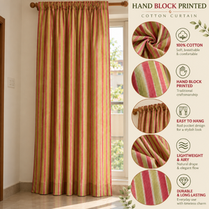 Green Red Striped Cotton <b>Curtains</b> | Hand Block Printed Rod Pocket Drapes | Lightweight Boho <b>Window</b> Panels for Living Rooms Decor - Product Image 5