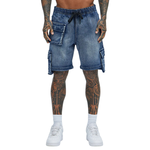 Pantalones Cortos Cargo de Mezclilla para Hombre, Transpirables, de Tiro Medio, Ajuste Relajado, Algodón Lavado Azul, Estilo Casual, Largura hasta la Rodilla, con Cordón, para Verano - Product Image 1